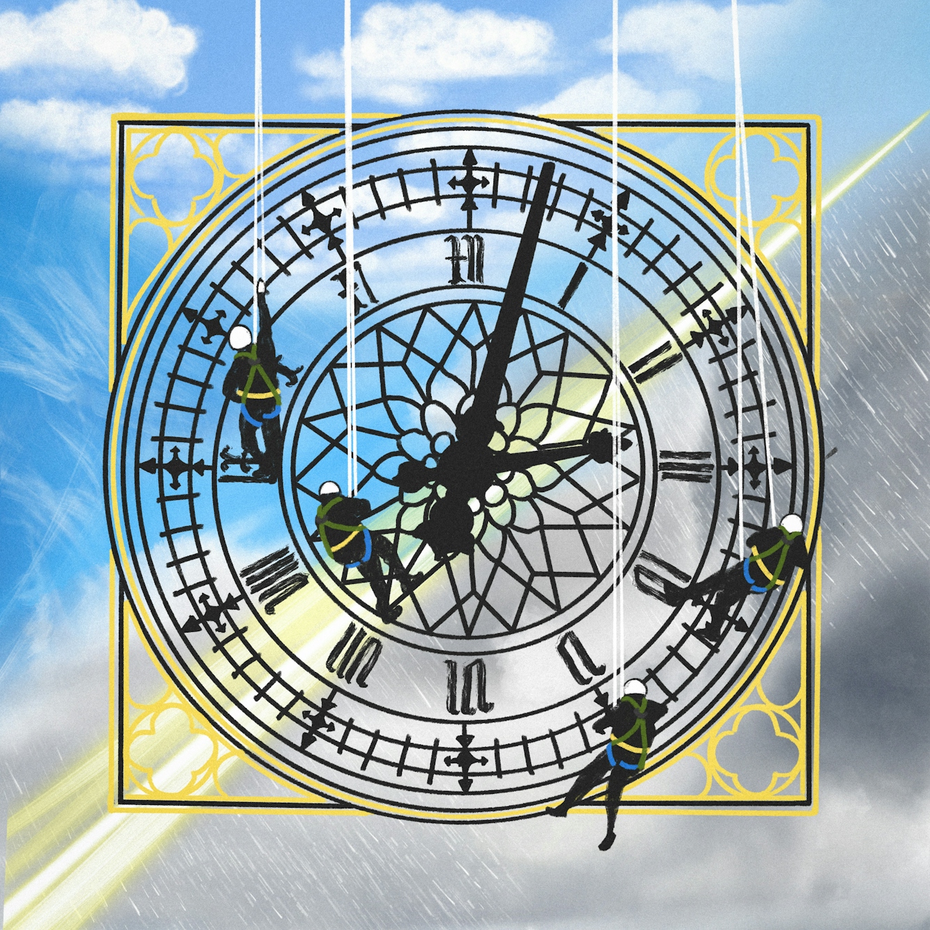 A digital illustration of a traditional looking clock face with Roman markers and workers abseiling down the face. In the background there is a mix of weather patterns merging into one, from bright blue skies to dark stormy rainclouds and lightening bolts.