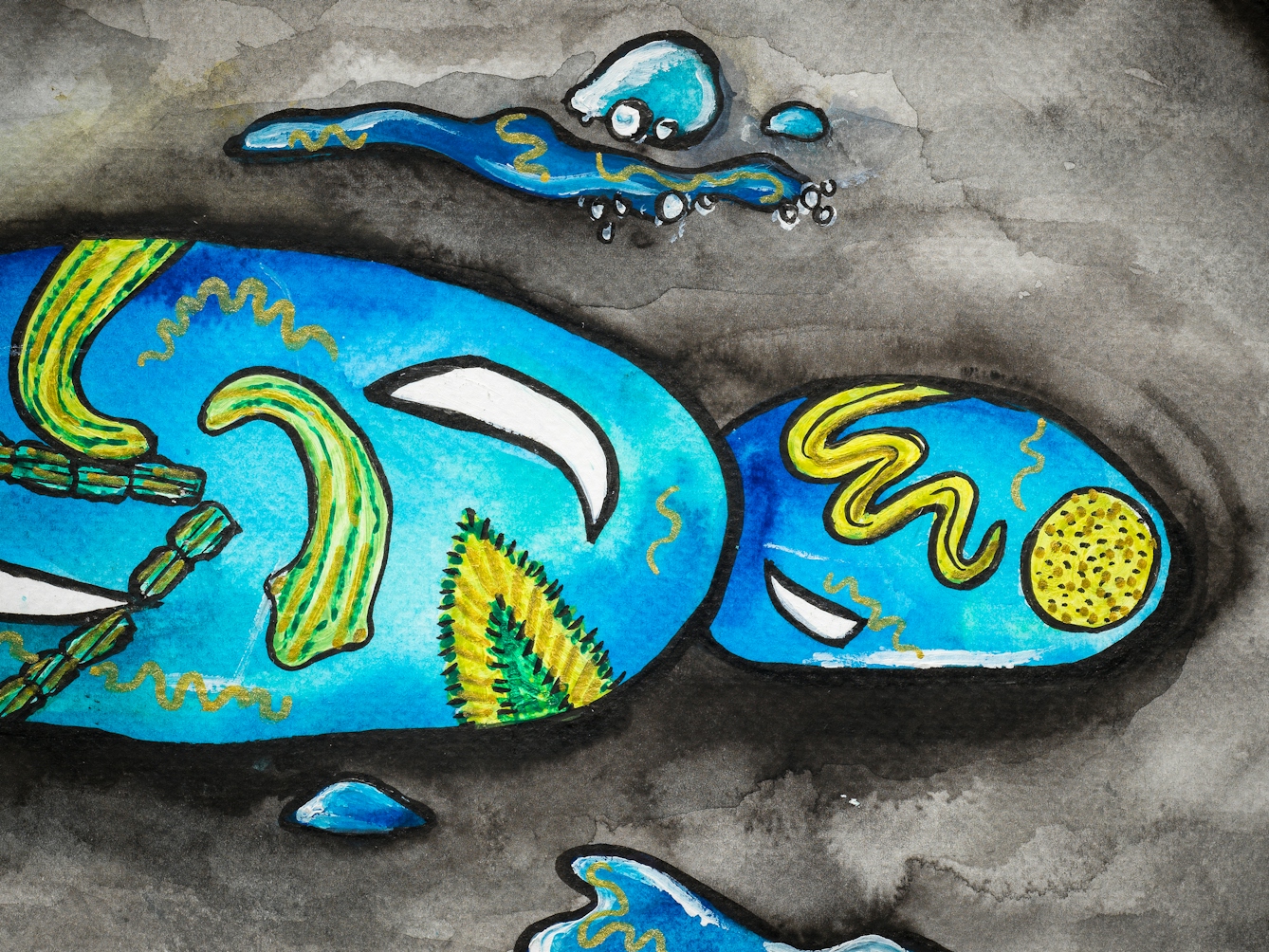 Detail from a larger colourful artwork. The artwork shows a grey floor with a blue pool and puddles. Within these are various colourful vines, leaves and abstract objects.