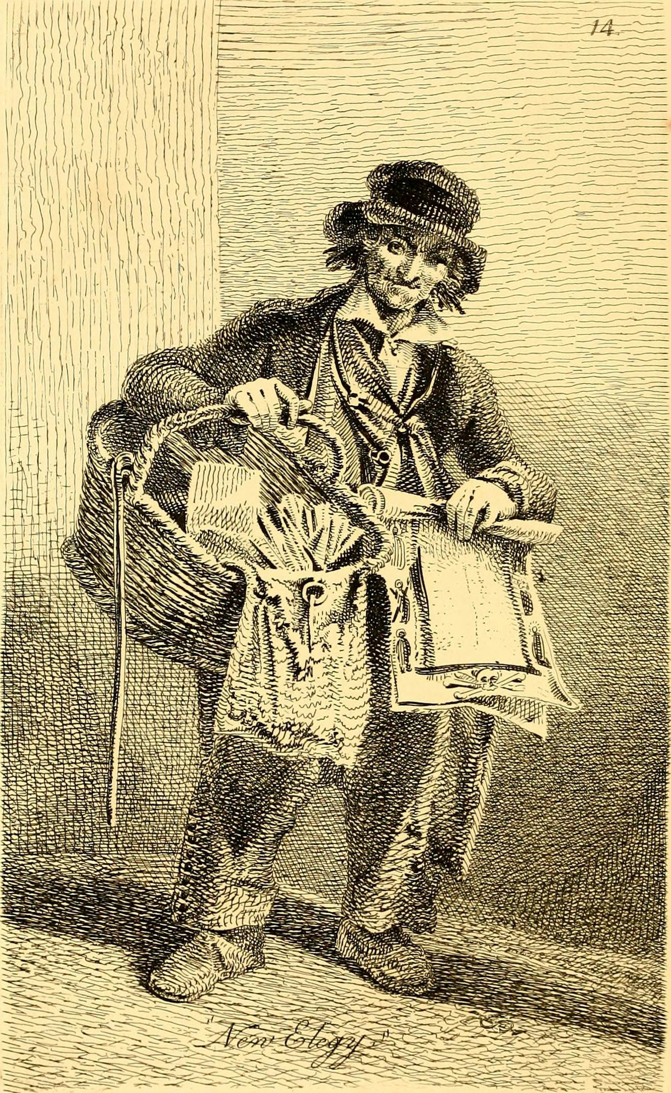 Black and white illustration of a man wearing a hat and jacket and holding a large basket of miscellaneous goods.