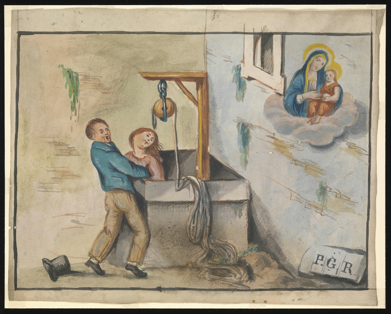 Watercolour painting. The image shows a man rescuing a woman whose lower body is trapped in a well.  The man is wearing a blue jacket, brown trousers and his top hat has fallen to the floor. He is shouting for help. The woman is wearing a pink dress and has auburn hair - she looks distressed. Above her head is the well pulley system.To the right of the couple, there is a building wall and upon this is an image of the Virgin Mary and Jesus on a cloud. The woman who is trapped is praying for help. Text at the bottom write reads 'PGR'. 