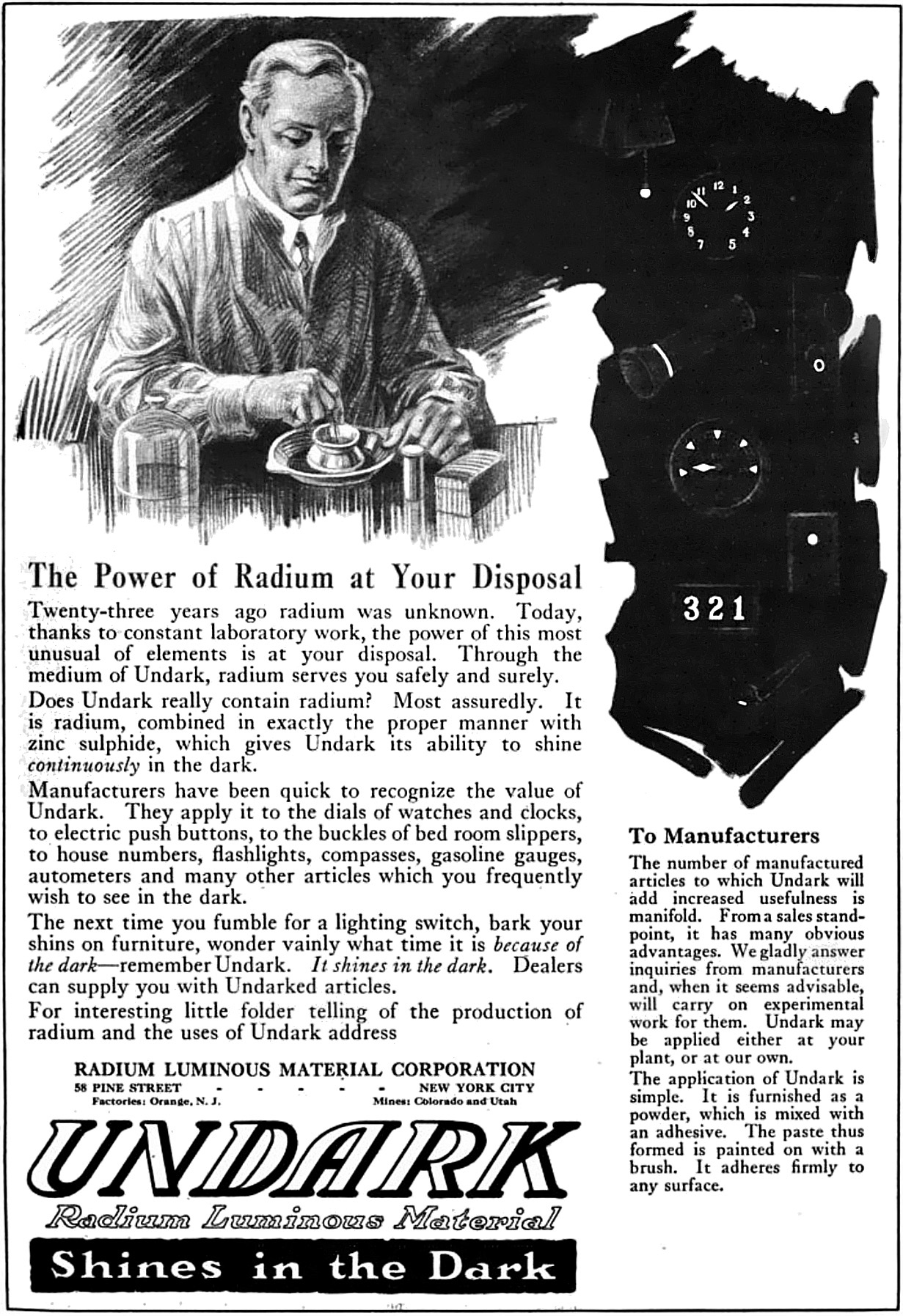 1921 magazine advertisement for Undark, a product of the Radium Luminous Material Corporation