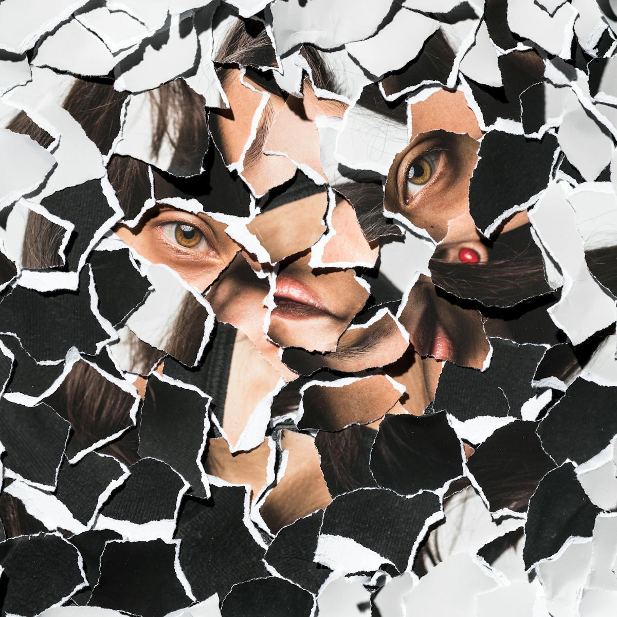 Photograph of a collage of torn up pieces of a photographic print all piled up randomly on top of each other. There are fragments of eyes, lips, hair and dark and light tones.