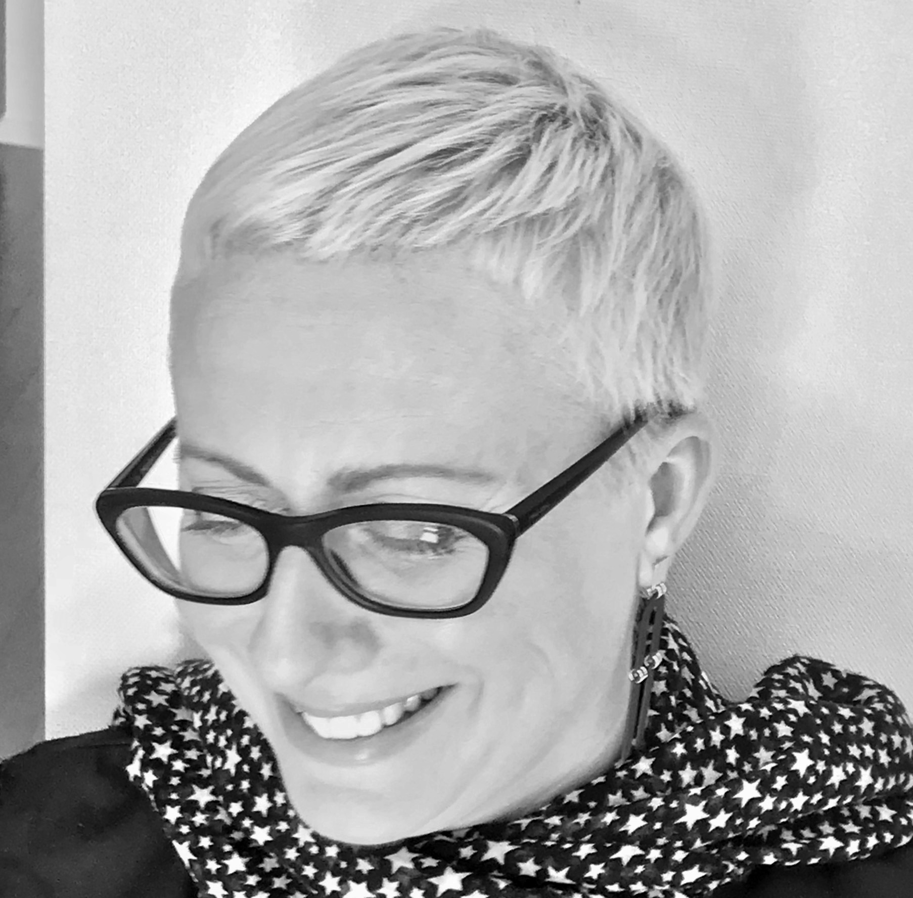 A head and shoulders black and white photograph of Professor Sharon Ruston.