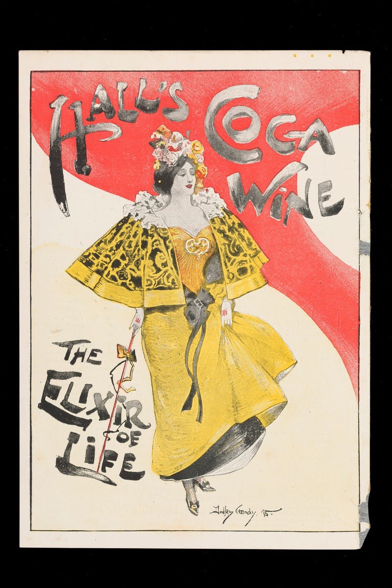 Image of colour poster advertising Hall's Coca Wine. A woman in a yellow dress stands in the centre, with the words 'elixir of life' to her side.