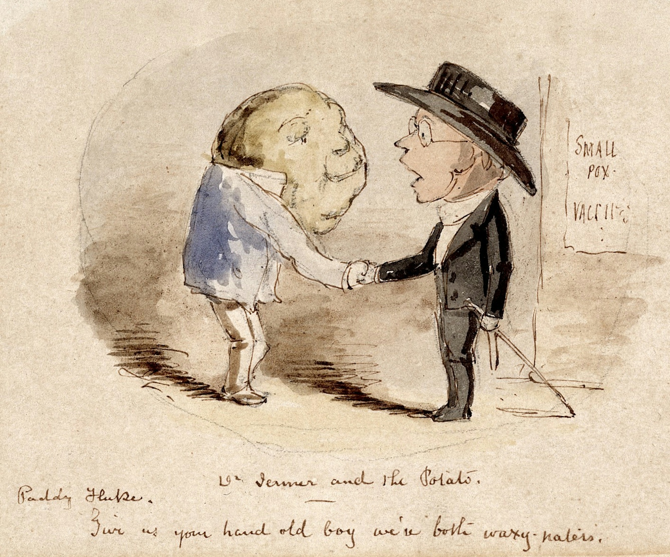 A potato shaking hands with Edward Jenner and claiming him as a fellow vaccinator, John Leech, 1800s.