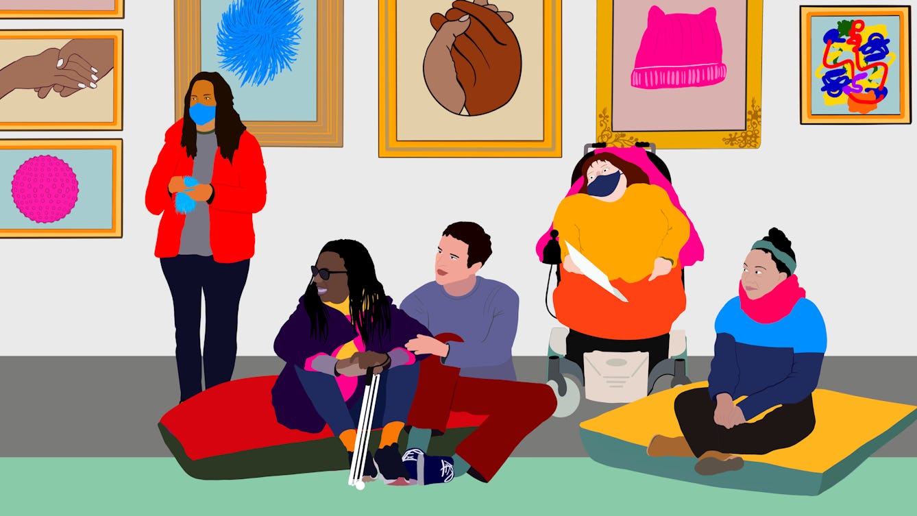 A bright and colourful illustration of a group of people in Wellcome Collection's Reading Room. Three of the group are sitting on large cushions on the floor, their attention is directed to something taking place to their right. One person is holding a white cane. Behind them is a wheelchair user wearing a yellow top and a navy mask. A woman in a red coat also stands near the group wearing a blue mask and holding a fluffy blue item. Behind them is a gallery wall showing framed illustrations of two hands holding each other, a pink wooly hat, and a fluffy blue object. 