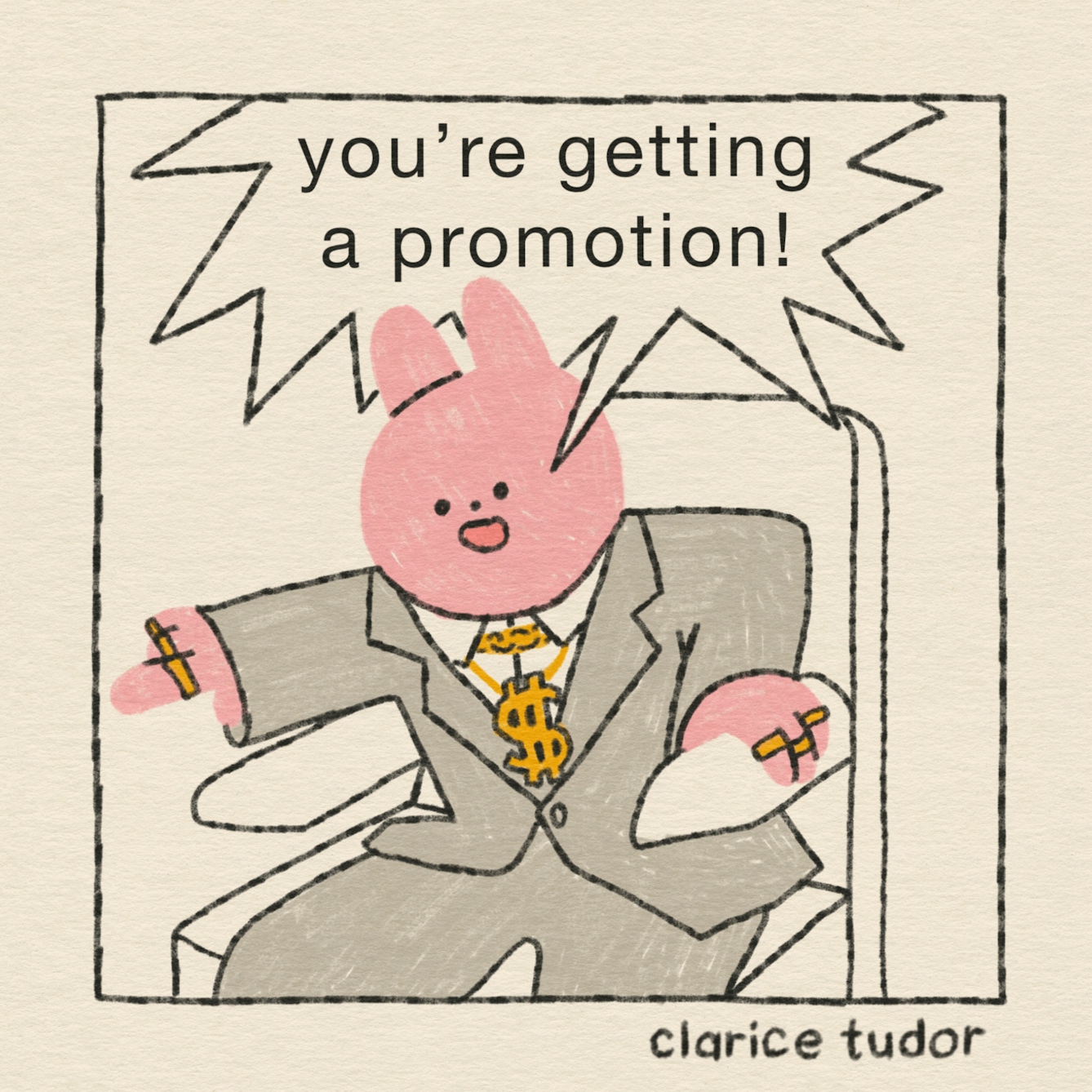 Panel 4 of 4: “You’re getting a promotion!’, shouts the CEO from his office chair, with a big smile on his face. 