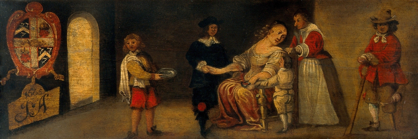 Oil painting showing a surgeon letting blood from a woman's arm. Watching are a number of figures, including on the right a man with a wooden leg and a small person who holds the woman's left hand. On the left of the image, the surgeon's apprentice holds the bowl for blood. On the left wall is a coat of arms which bears the date 1665 and the initials JA, surmounted by the coat of arms of the London Barber-Surgeons' Company.