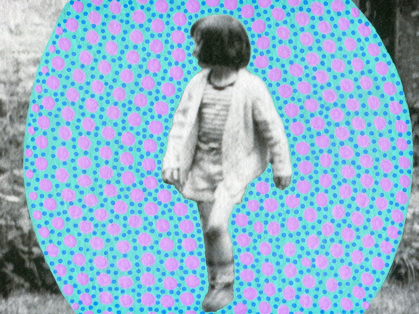 Artwork created by painting over the surface of a black and white photographic print with colourful paint. The artwork shows the original scene of a young girl walking towards the camera with her head turned to the left and her hair obscuring the side of her face. The girl is pictured in front of part of a rural cottage. The girl is surrounded by an oval shaped painted cyan background covered in small blue and larger purple dots. The texture of the paint can be seen.
