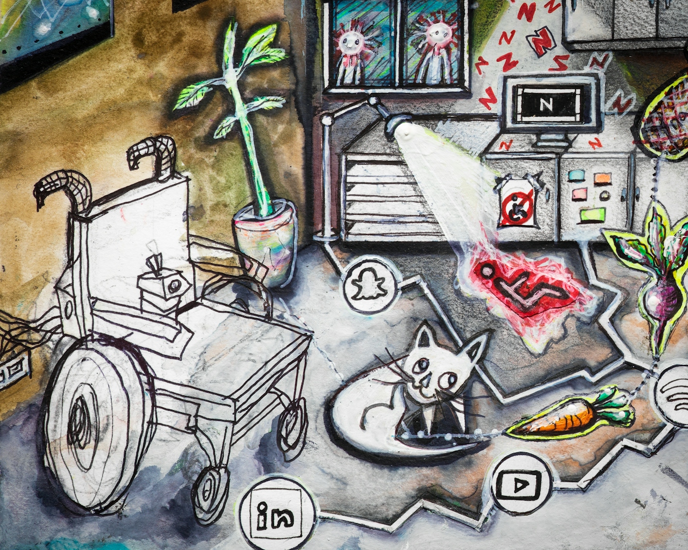 Artwork using watercolour and ink incorporating collaged words throughout the scene. The artwork shows a busy multi-coloured room separated by jagged white lines drawn across the floor incorporating social media icons in circles. In the background, there are kitchen cabinets, and windows beyond one of which there are people with coronavirus heads. On a fridge with a no access sign and a wheelchair within it, stands a screen with the letter ‘N’. Red ‘N’ letters float in the air around it. In the front left hand corner of the image is a wheelchair, and above it on the wall rainbow coloured pictures. 