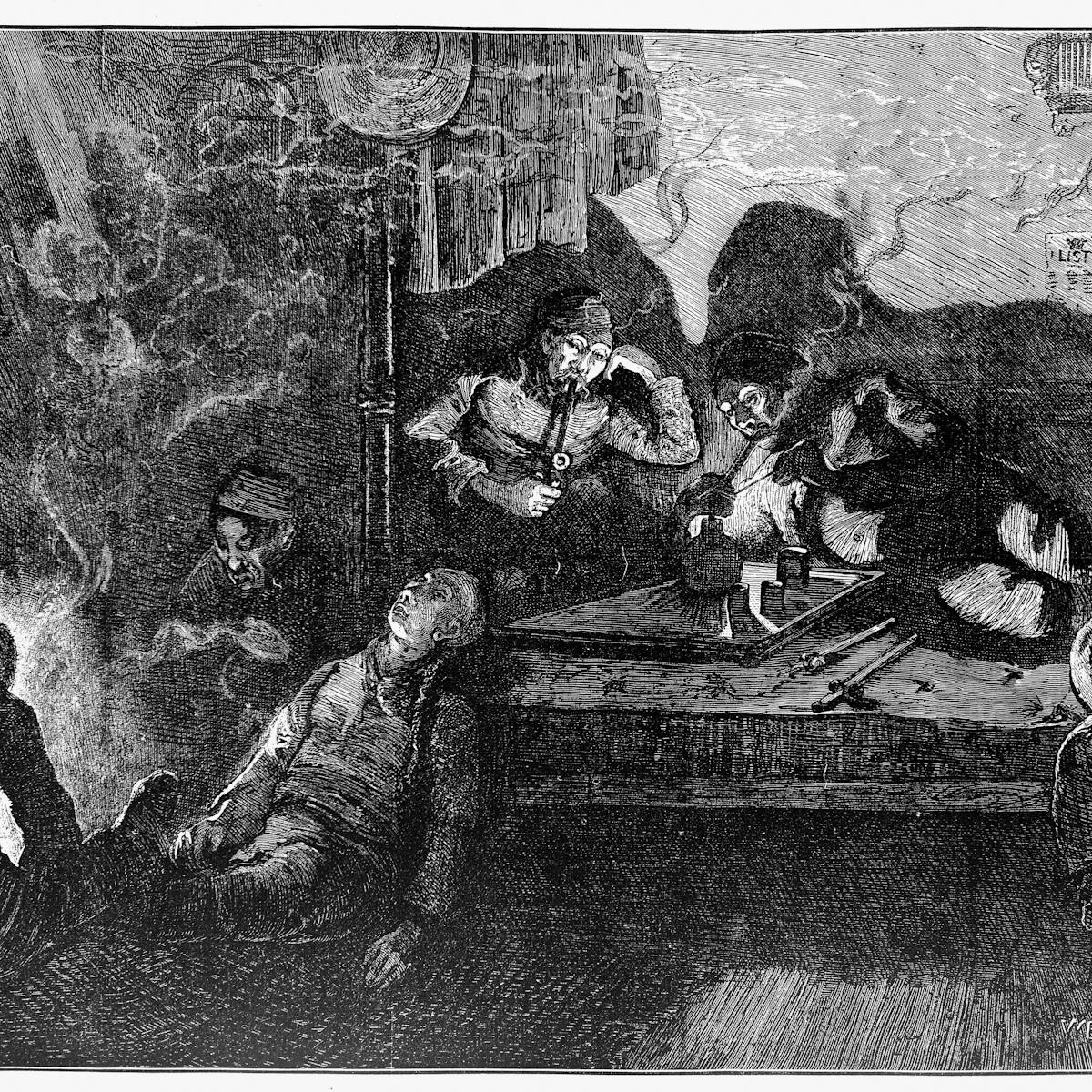 A black-and-white illustration of men smoking opium while others are passed out