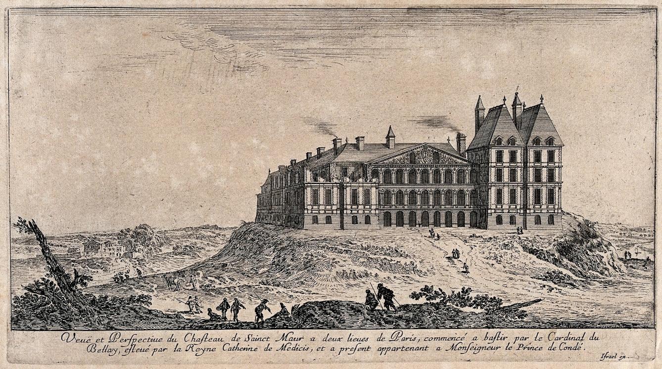 Etching of the castle at Saint Maur, near Paris. The castle is imposing, situated on top of a hill. In the foreground there are small dark silhouettes who appear to be either journeying past the castle or walking towards it. 