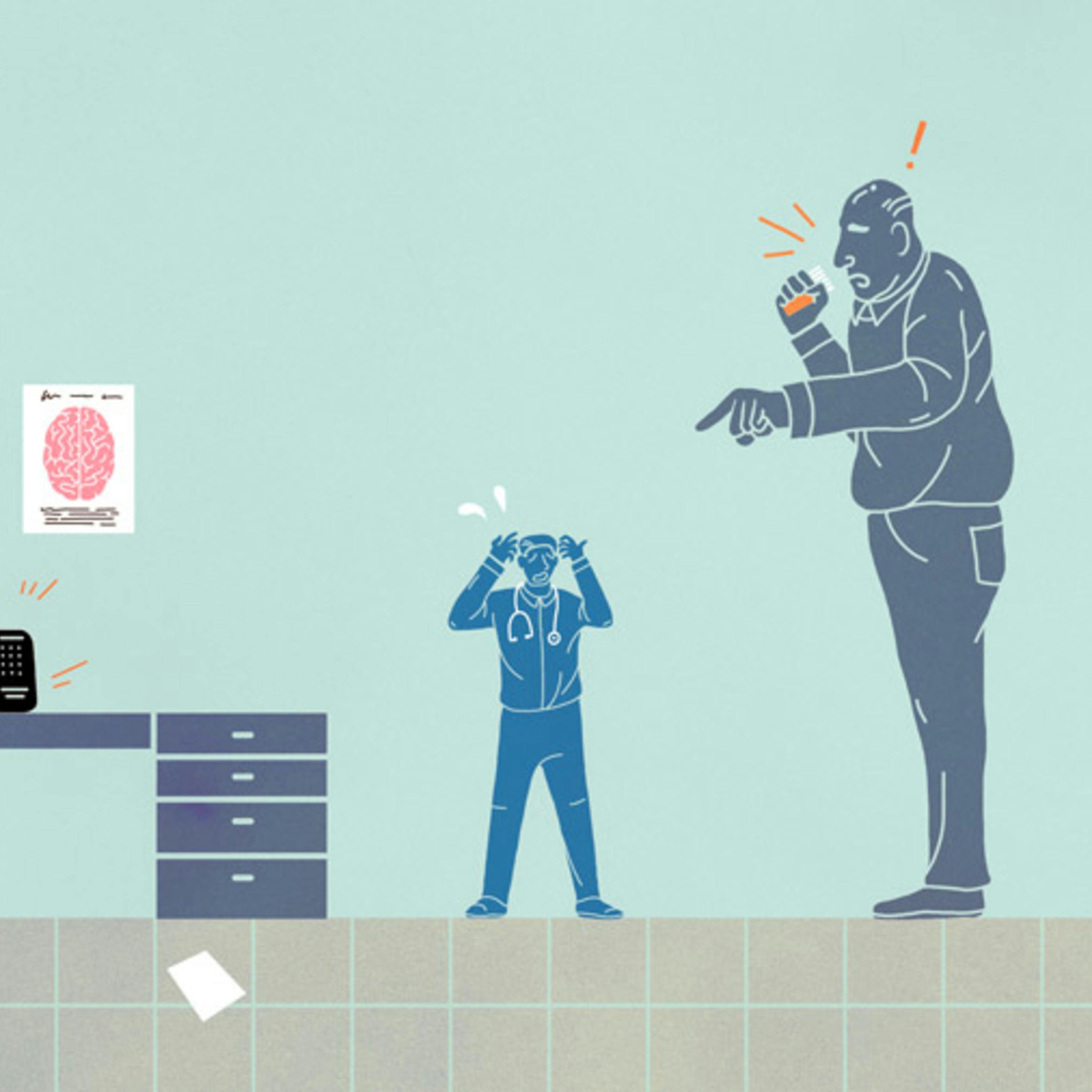 Illustration of a GP's office with a large and demanding patient