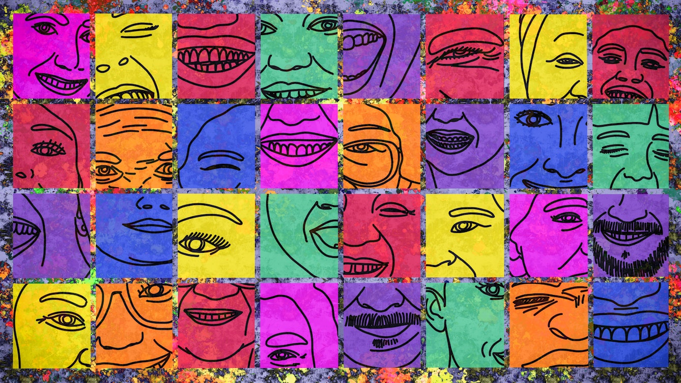 Colourful digital artwork made up of a mottled, paint splattered background. On top of the background is a grid of square line sketches, 8 columns wide and 4 rows high. Each of these line sketches has a different brightly coloured background on top of which is a close-up sketch of different individuals faces showing them in various stages of expressing joy. The close-ups include sections of eyes and mouths.