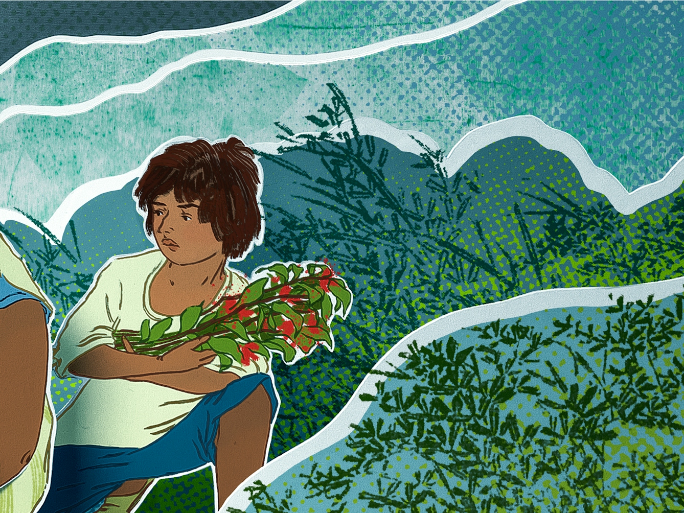 Photograph of a papercut 3D artwork. Detail from a larger artwork, showing a younger boy, holding some harvested red and green plants, watching in wonderment at the girl holding an abstract cocoa bean-shaped object. 
