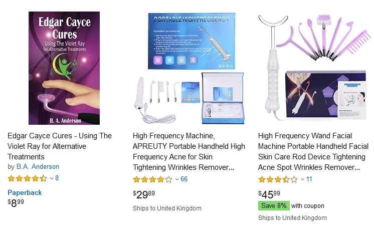 Screenshot showing three products for sale including a book called "Edgar Cayce Cures" and two "violet ray" devices with different shaped attachments. 