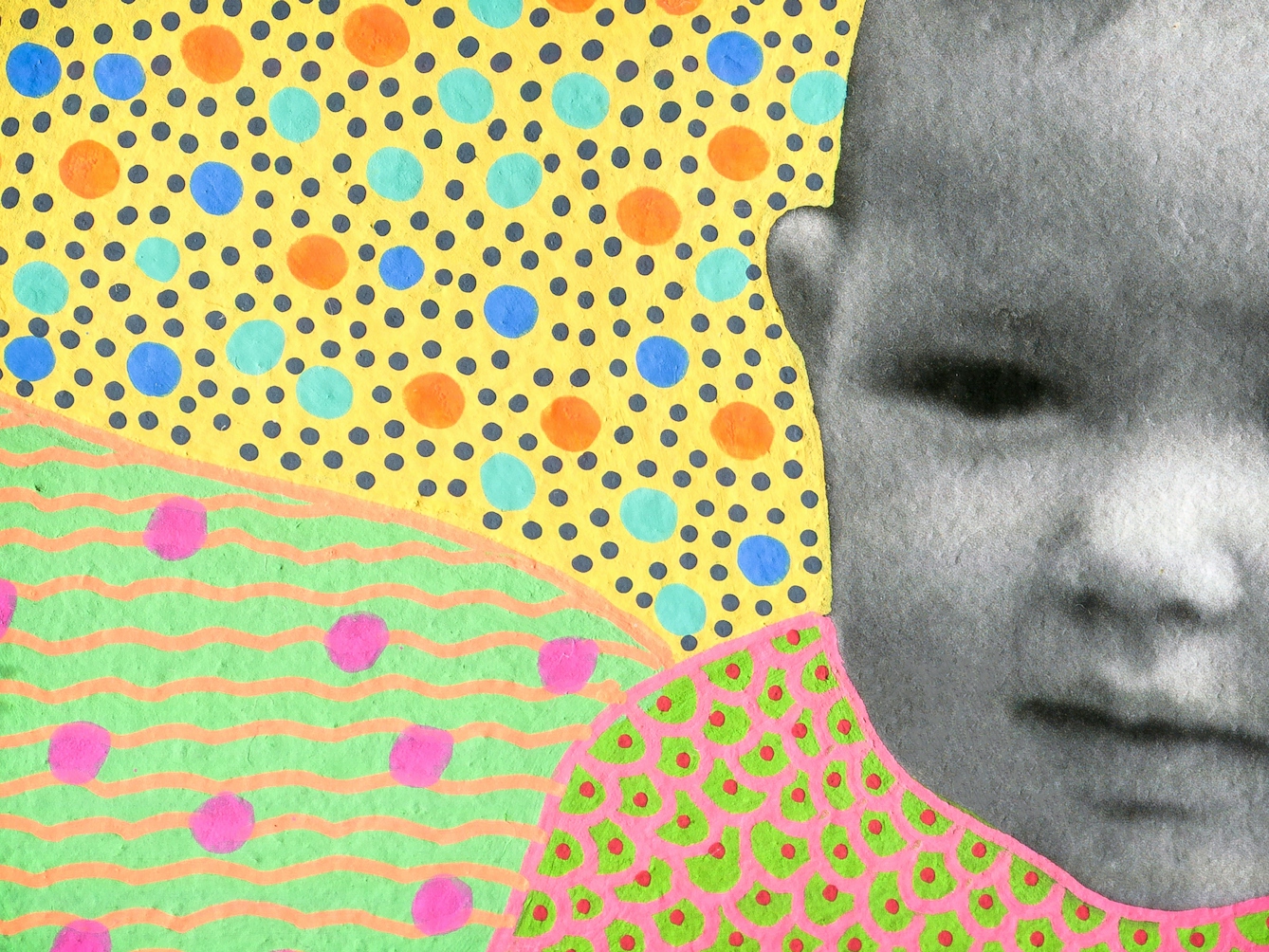 Artwork created by painting over the surface of a black and white photographic print with colourful paint. The artwork shows the original head of a young baby cropped in close.  Apart from the head the top left of the image is a painted yellow background covered in small green, orange and blue dots. The bottom left corner has a green background with wavy orange horizontal lines and pink spots. The baby's clothes are painted differently with a green background with pink cell like patterns with red centres. The texture of the paint can be seen, including the boundary between the painted area and the original photographic print.