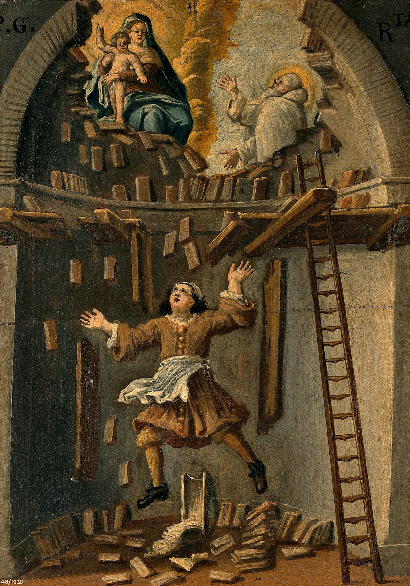 Painting of a builder falling from a platform in an apse. Above him, a saint (possibly St Bruno) begs the Virgin and Child to intervene and save the builder.