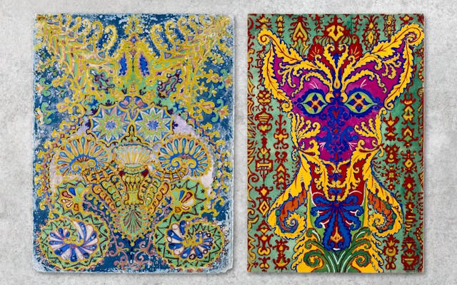 Photograph showing two works of art, side by side against a grey concrete textured background. Both artworks show colourful, abstract interpretations of cats by Louis Wain.