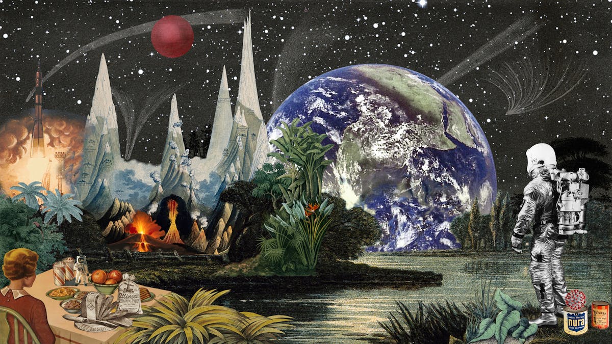 Artwork using collage. The collaged elements are made up of archive material which includes vintage and contemporary photographs, etchings, painted illustrations, lithographic prints and line drawings. This artwork depicts a scene with elements of outer space. In the background is a dark starry sky with a small red planet and a large blue and green planet Earth rising over horizon. In the middle distance on the left hand side are tall thin volcanic like mountain peaks and a space rocket in take off with jets of fire and smoke. In the centre is green foliage next to an expanse of lake-like water. In the foreground on the right hand side is a lone astronaut looking out across the water towards the rising Earth. At the feet of the astronauts are a couple of food cans, one with the words 'Powdered whole milk, Nura' written on the side. On top of this can is a molecular representation of the Covid-19 virus. In the foreground to the left a woman is sat at a kitchen table with her back to the viewer. On the table is a loaf of sliced bread, bowls of cereal, two glasses of milk, a bowl of fruit and very small astronaut.