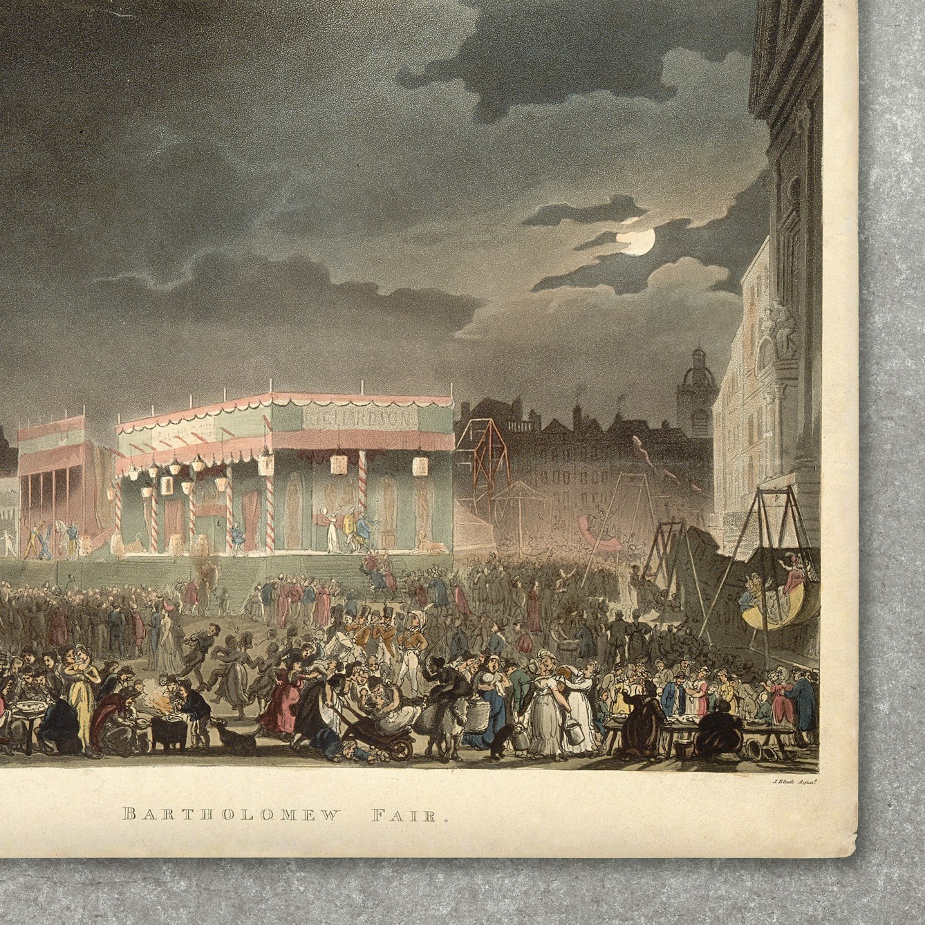 Photograph of a colour illustration against a concrete background. The illustration shows a large crowd of people gathered in an urban setting at night, with fair ground rides. The sky is dark and a full moon emerges from behind some clouds.