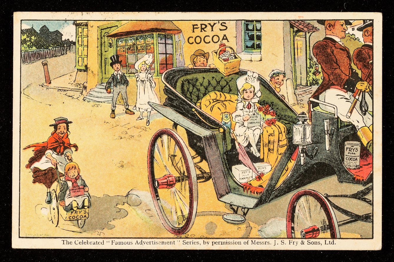 Colour scan of a postcard advertisement for Fry's Cocoa, showing a horse-drawn carriage with a wealthy child sitting in departing from a shop. The wealth child and coachmen all have Fry's Cocoa products, as do poorer people walking away from the shop. 