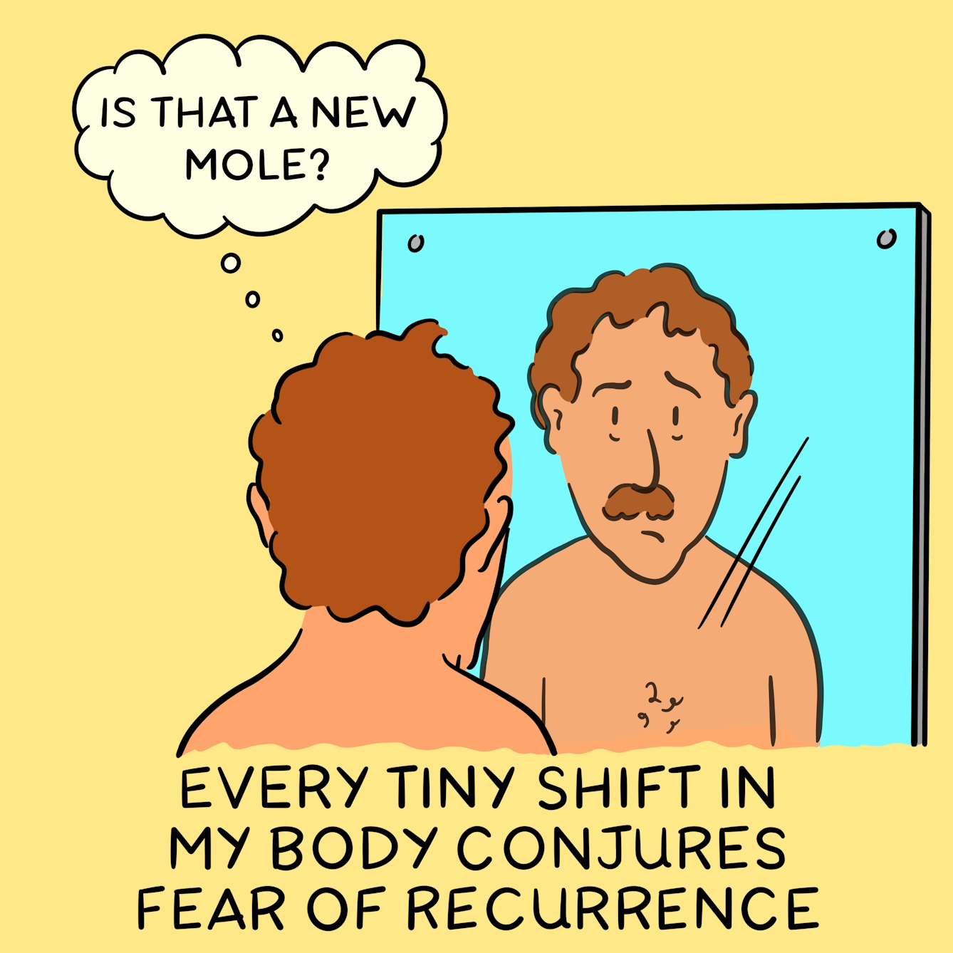 Panel 2 of a four-panel comic drawn digitally: a white man with a moustache and a bare chest looks into a mirrow with concern. A thought bubble reads "Is that a new mole?". The caption text reads "Every tiny shift in my body conjures fear of recurrence"