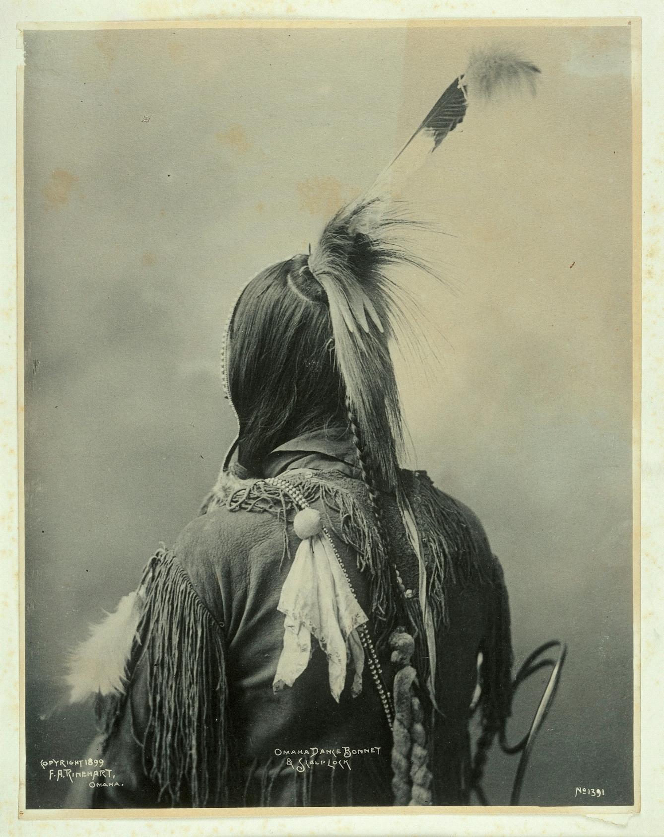 Dance bonnet and scalplock of an Omaha Indian
