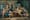 Watercolour image of a group of people grouped around the bed where a man sits naked from the waist up. In front of the bed are various tools used to attempt to resuscitate him and the rescuer's cast off hat and cane.