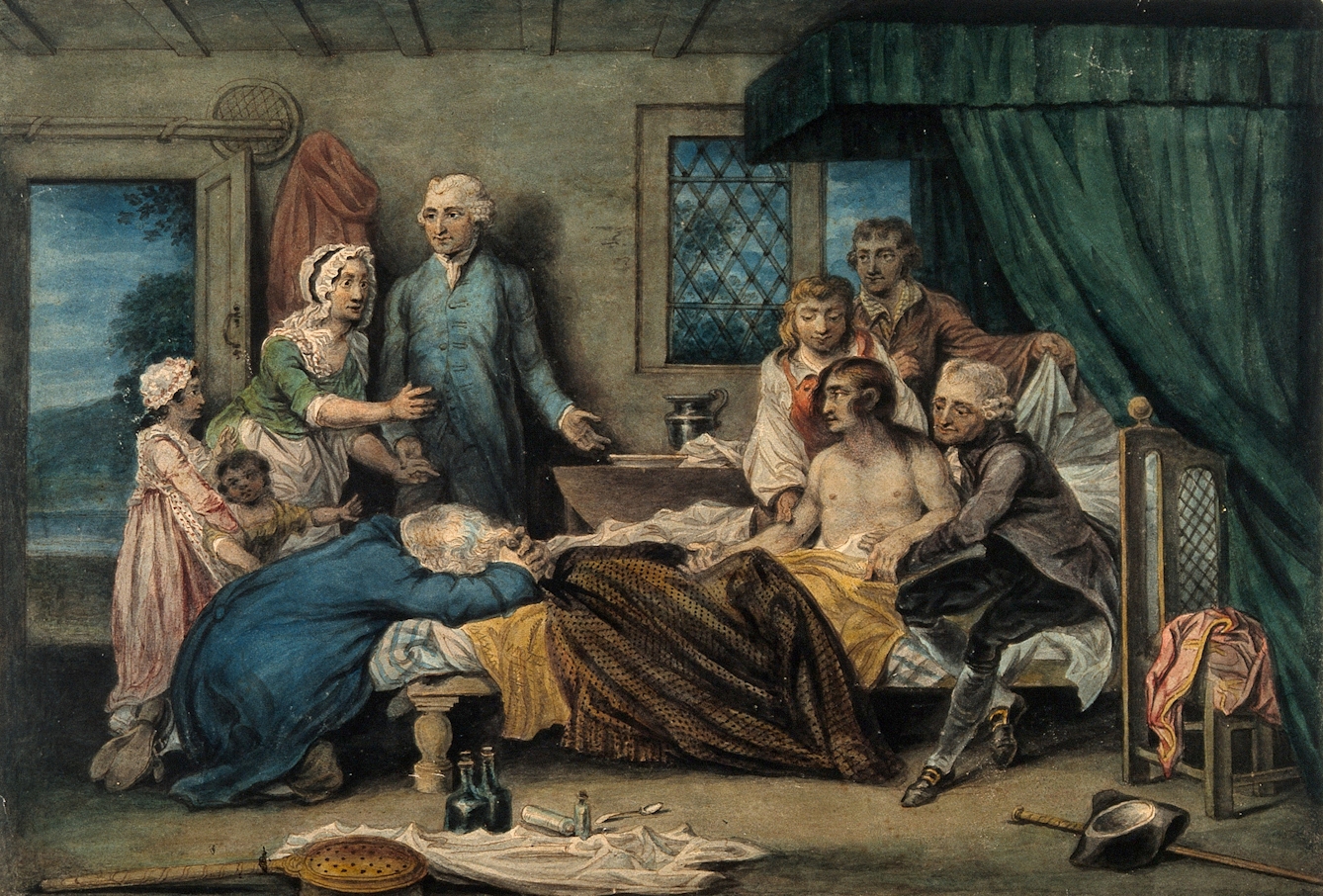 Watercolour image of a group of people grouped around the bed where a man sits naked from the waist up. In front of the bed are various tools used to attempt to resuscitate him and the rescuer's cast off hat and cane. 
