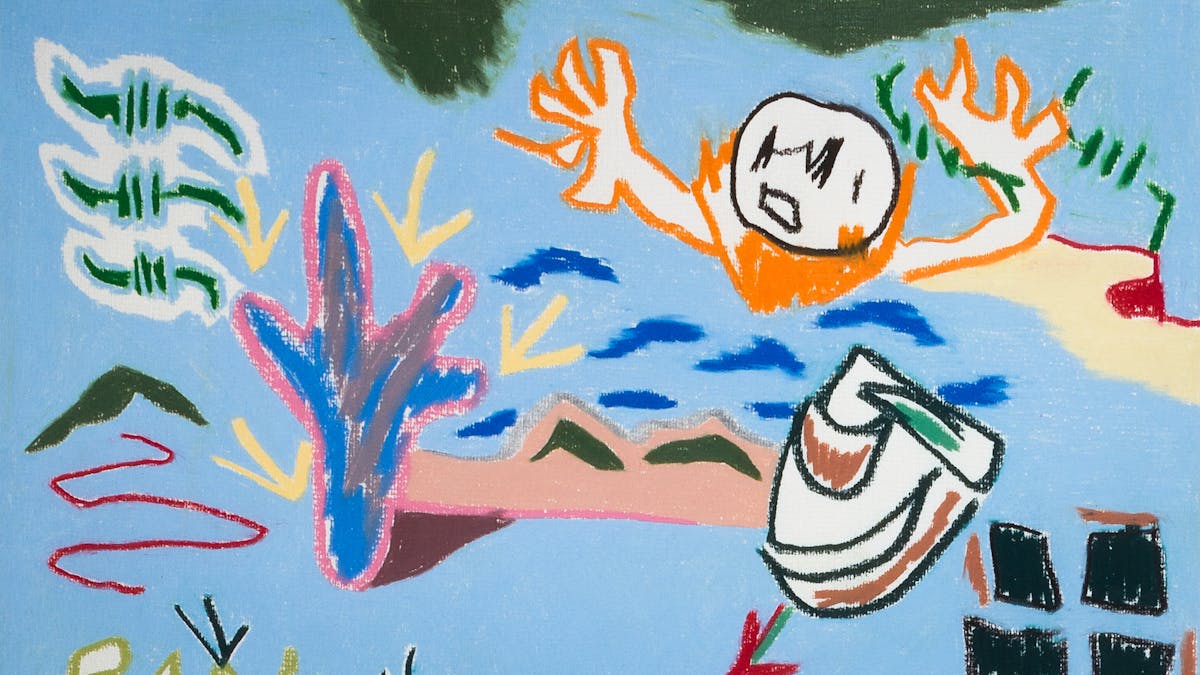Detail from a larger painted abstract and expressive artwork made up of vibrant colours and graphic forms. The scene shows a blue sky. In the sky are several forms including a menacing figure showing an angry head with arms and hands raised to either side. There is also a cactus-like shape and small torn sections of photographic film complete with sprocket holes. 