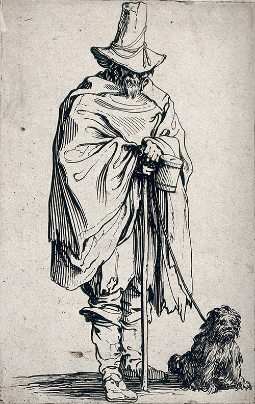 A 16th century blind man wearing a tall had and cape stands holding a stick and a collecting box with his small dog on a lead sat next to him