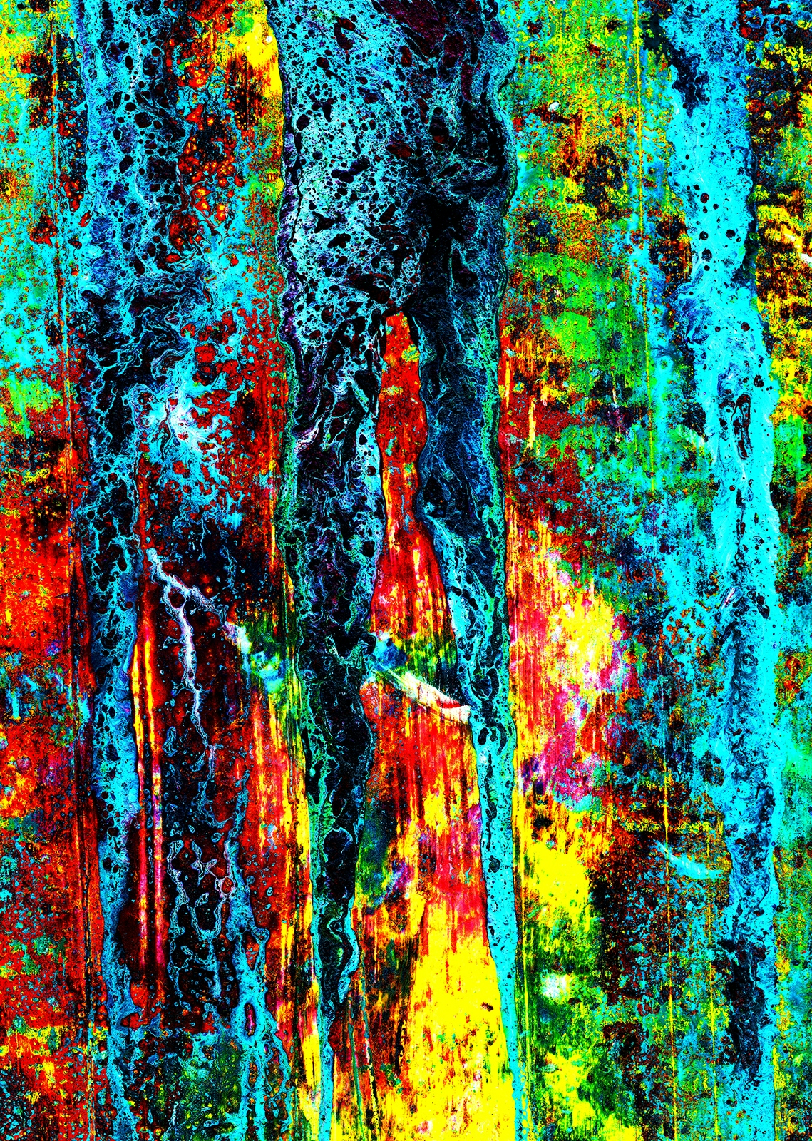 Brightly coloured abstract painting; predominantly blue, green, red, yellow and black.