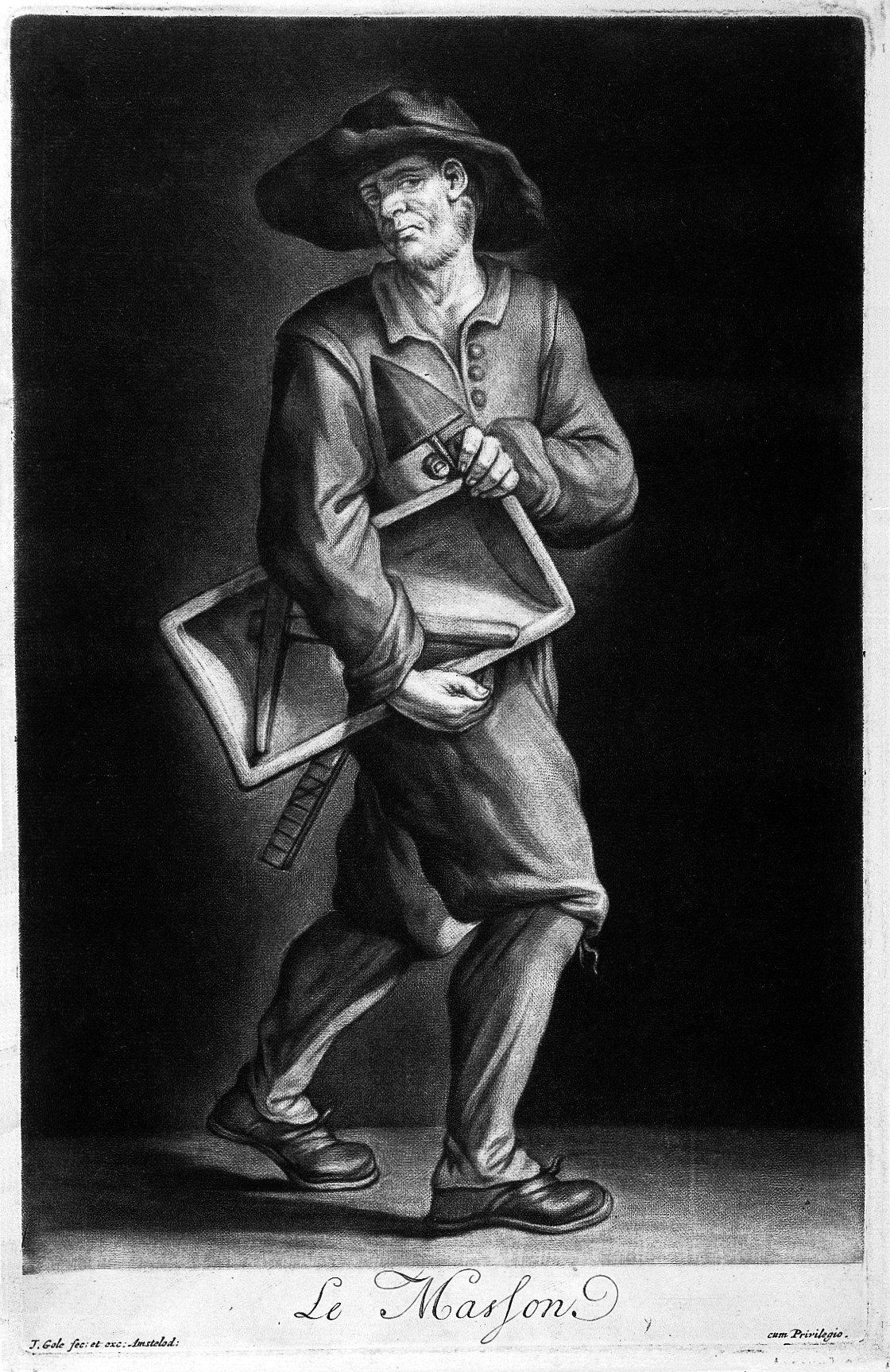 Black and white mezzotint of an architect carrying the tools of his trade, including some sort of ruler and a plumb bob. The man appears sad.