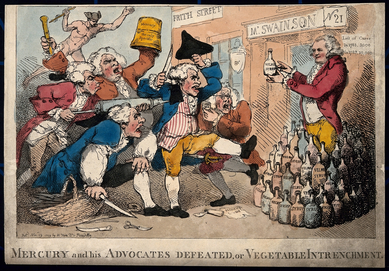 Isaac Swainson promoting his 'Velno's Vegetable Syrup', facing an onslaught of rival practitioners advocating mercury.