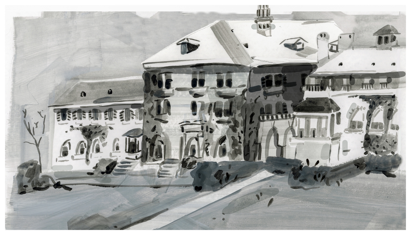 Painted artwork made with broad brushstrokes and impressionistic representational marks. The scene shows a large, grand, grey institutional building with a pitched roof and stairways leading up to arched entrances. The building looks like it is set within grounds made up of pathways, lawns, trees and hedging. 
