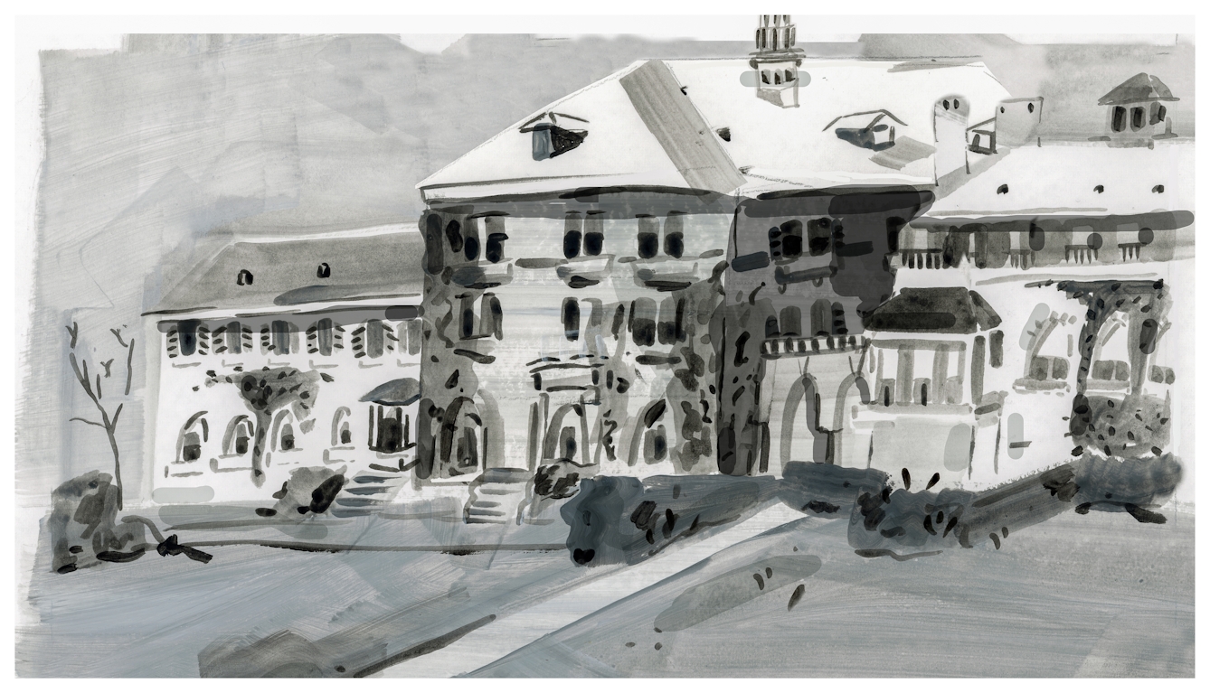Painted artwork made with broad brushstrokes and impressionistic representational marks. The scene shows a large, grand, grey institutional building with a pitched roof and stairways leading up to arched entrances. The building looks like it is set within grounds made up of pathways, lawns, trees and hedging.