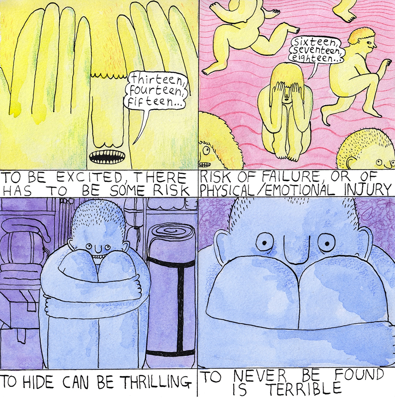Risk comic by Rob Bidder, showing figures playing hide and seek. The first two slices show someone counting, while the final slides depicts someone hiding.