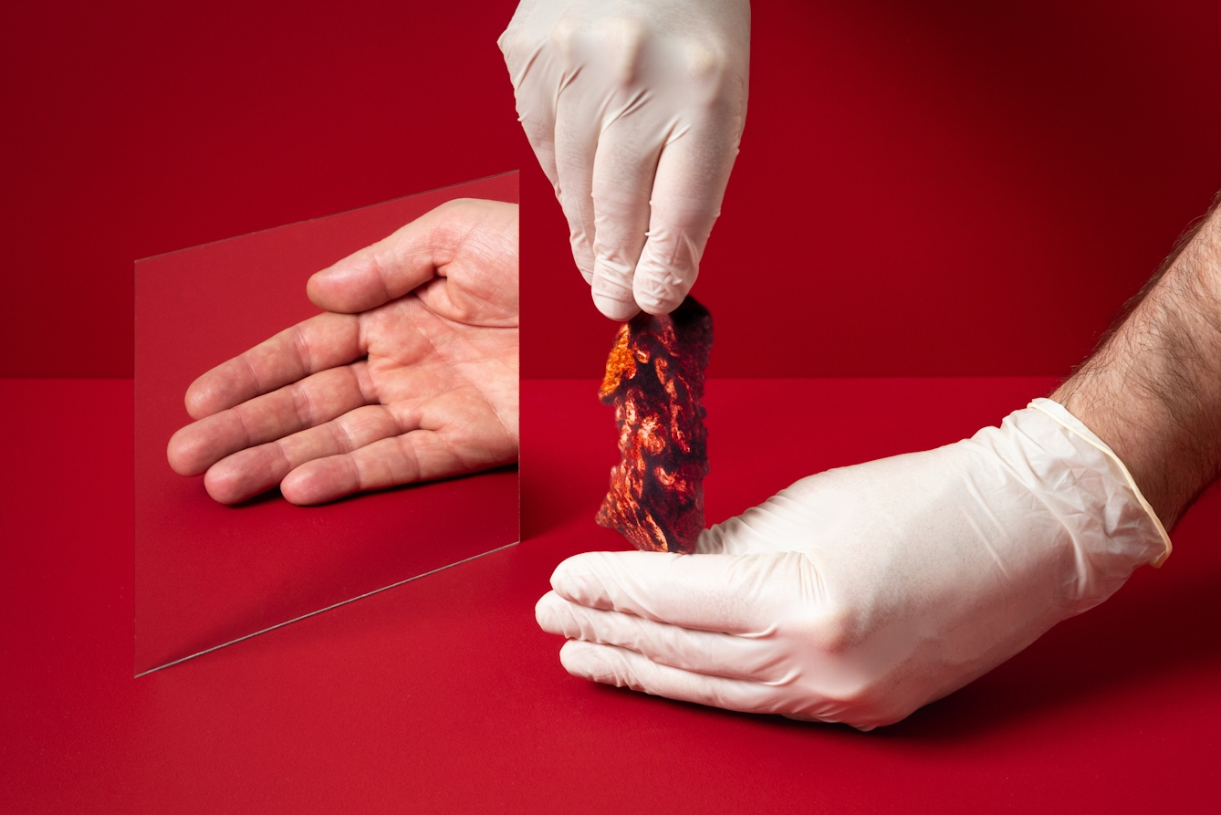 A photograph of a mirror on a red background. In the foreground are two hands, with one pulling an anatomical illustration from behind the other. In the reflection of the mirror is a an open, empty hand.