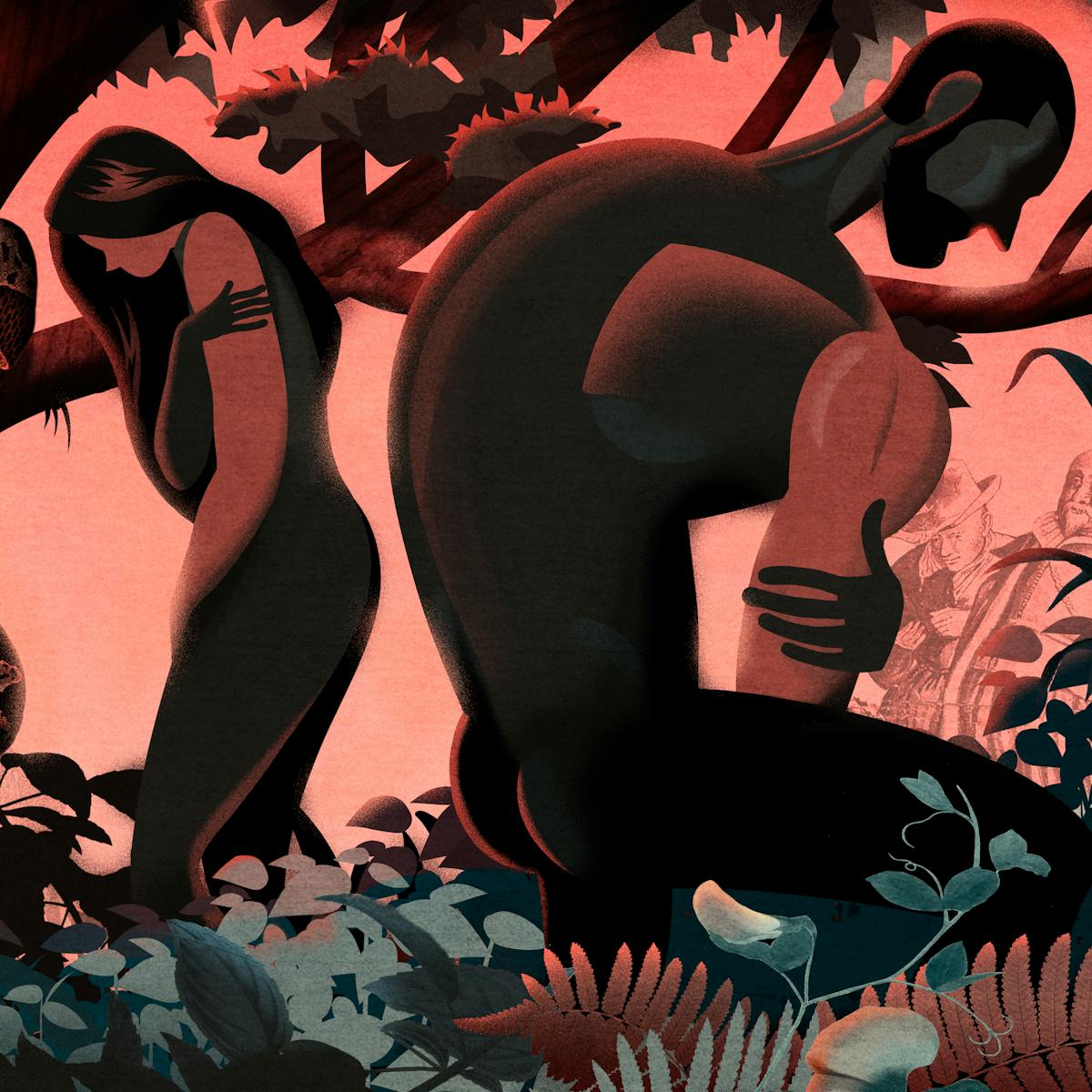 Illustration of a female figure and a male figure both hunched over, facing away from each other, arms wrapped around their bodies. They are standing in a garden setting amongst trees and shrubs. Curled around a tree is a long snake. In the background a crowd of onlookers are gazing at the couple. The hues of the illustration are muted reds and blues.