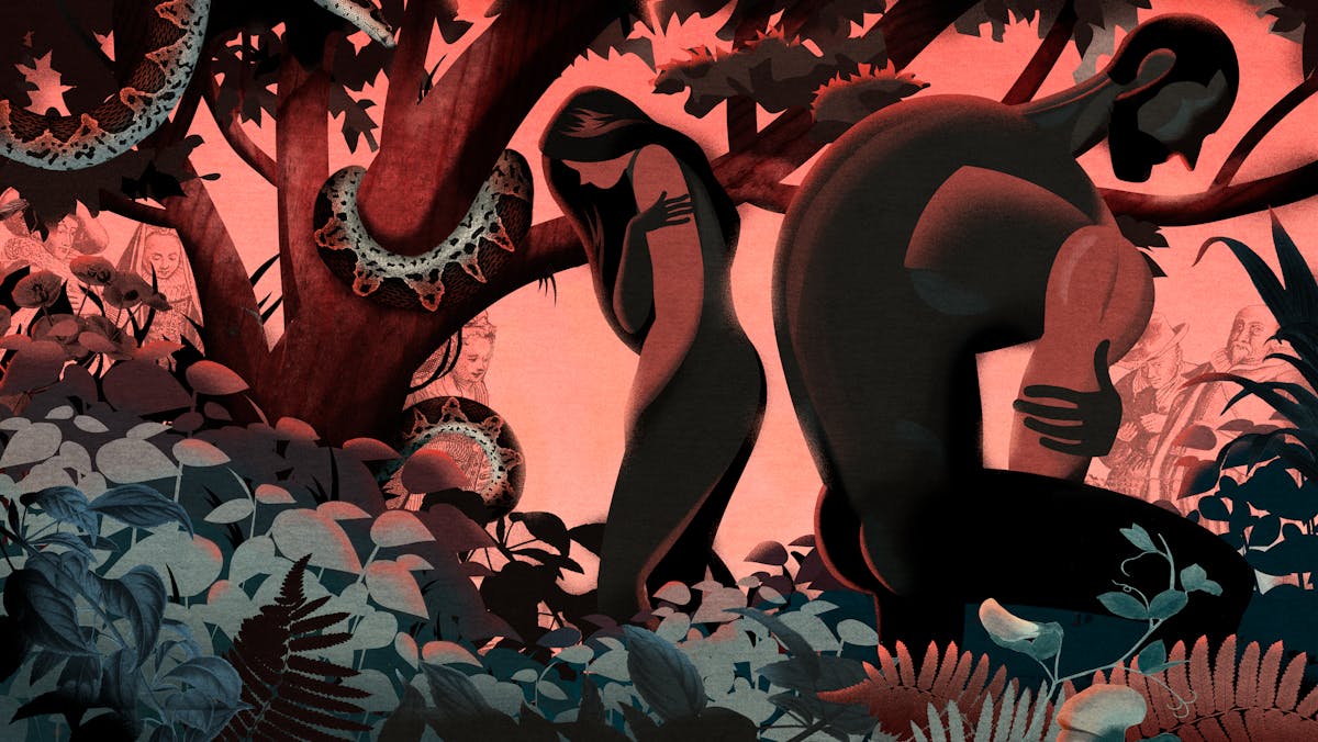 Illustration of a female figure and a male figure both hunched over, facing away from each other, arms wrapped around their bodies. They are standing in a garden setting amongst trees and shrubs. Curled around a tree is a long snake. In the background a crowd of onlookers are gazing at the couple. The hues of the illustration are muted reds and blues.