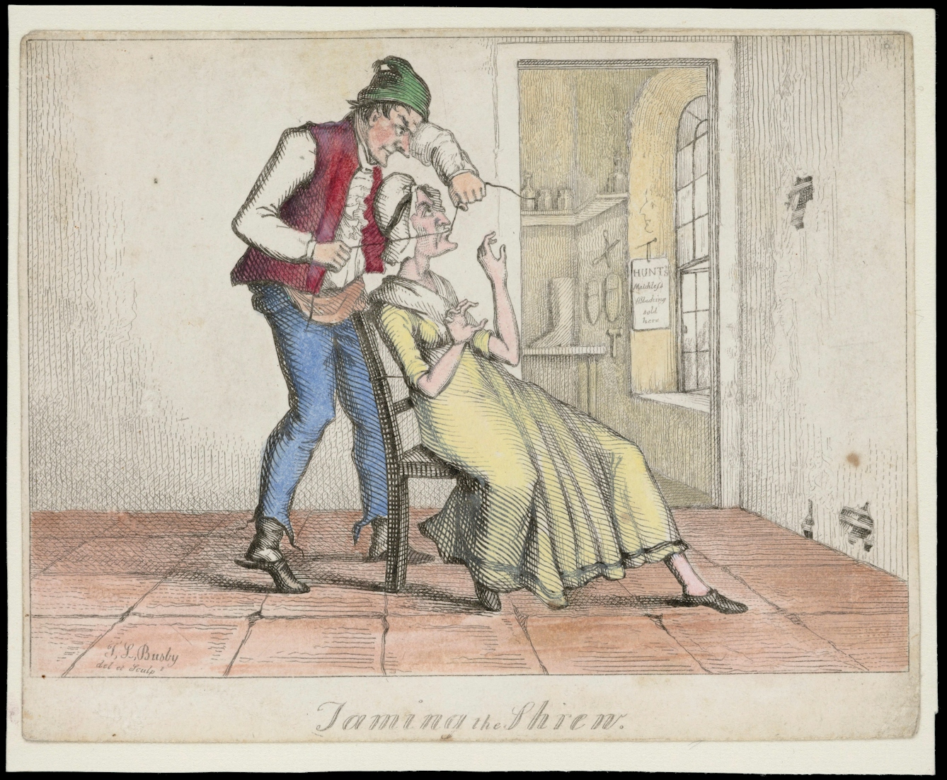 Coloured etching showing a shopkeeper sewing up his wife's mouth to apparently stop her from nagging.