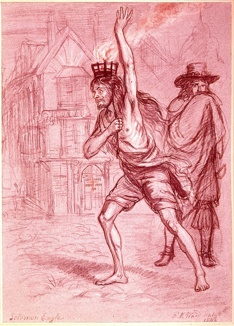 Sketch in red pencil of a semi naked man with a small metal fire burnace strapped to his head.