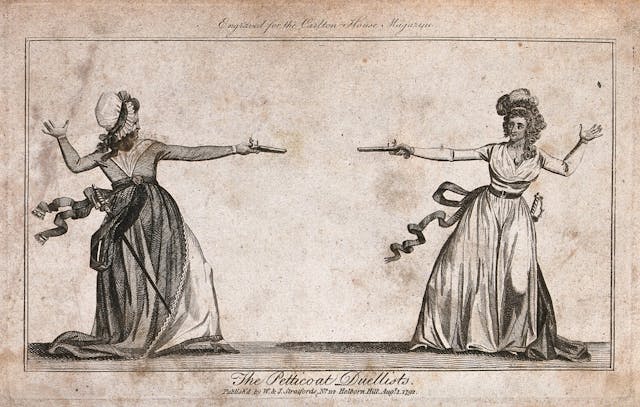 An 1800s engraving of two women duelling with pistols, both have a sword sheathed to their dresses. Text along the bottom reads 