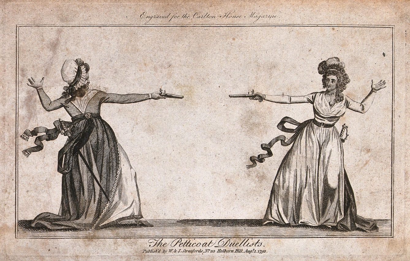 An 1800s engraving of two women duelling with pistols, both have a sword sheathed to their dresses. Text along the bottom reads 'The Petticoat Duellists'.