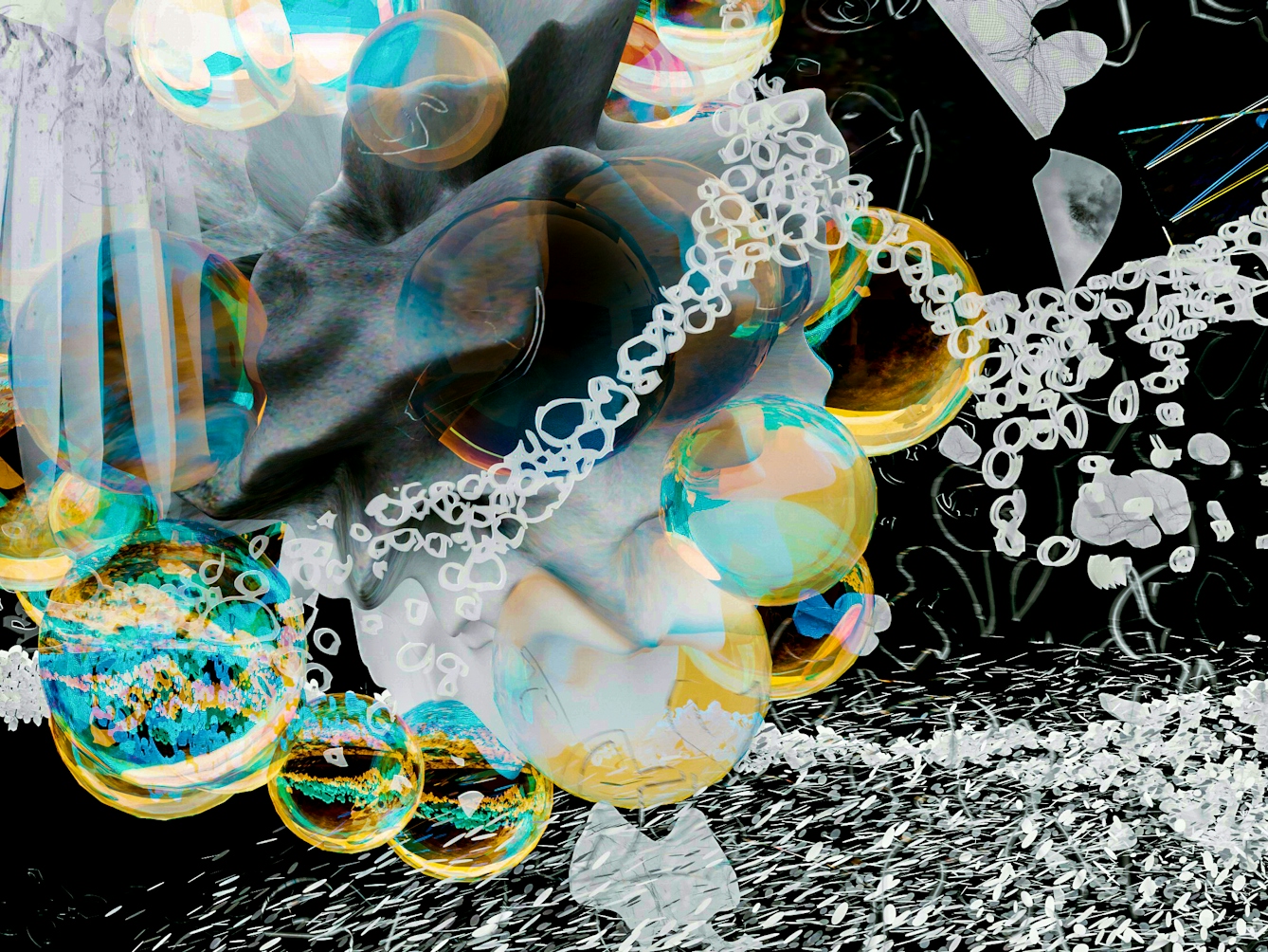 Mixed media artwork depicting a detail from a larger artwork. The scene is rich in details and shows a cluster of of bubble shaped objects coloured yellow, blue and green. Overlaying and underlaying these elements are a multitude of other shapes and objects resembling molecules and bubbles.