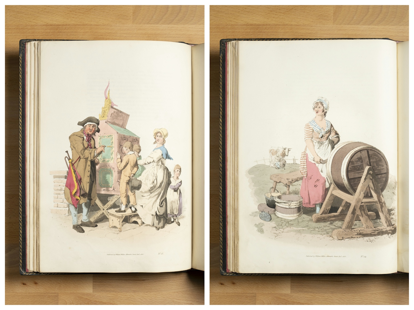 Two photographs of a book containing colour illustrations. On the left is an illustration of an upper class lady with children looking at an attraction at the fair. On the right is a working class woman turning the handle on a milk churning barrel. 
