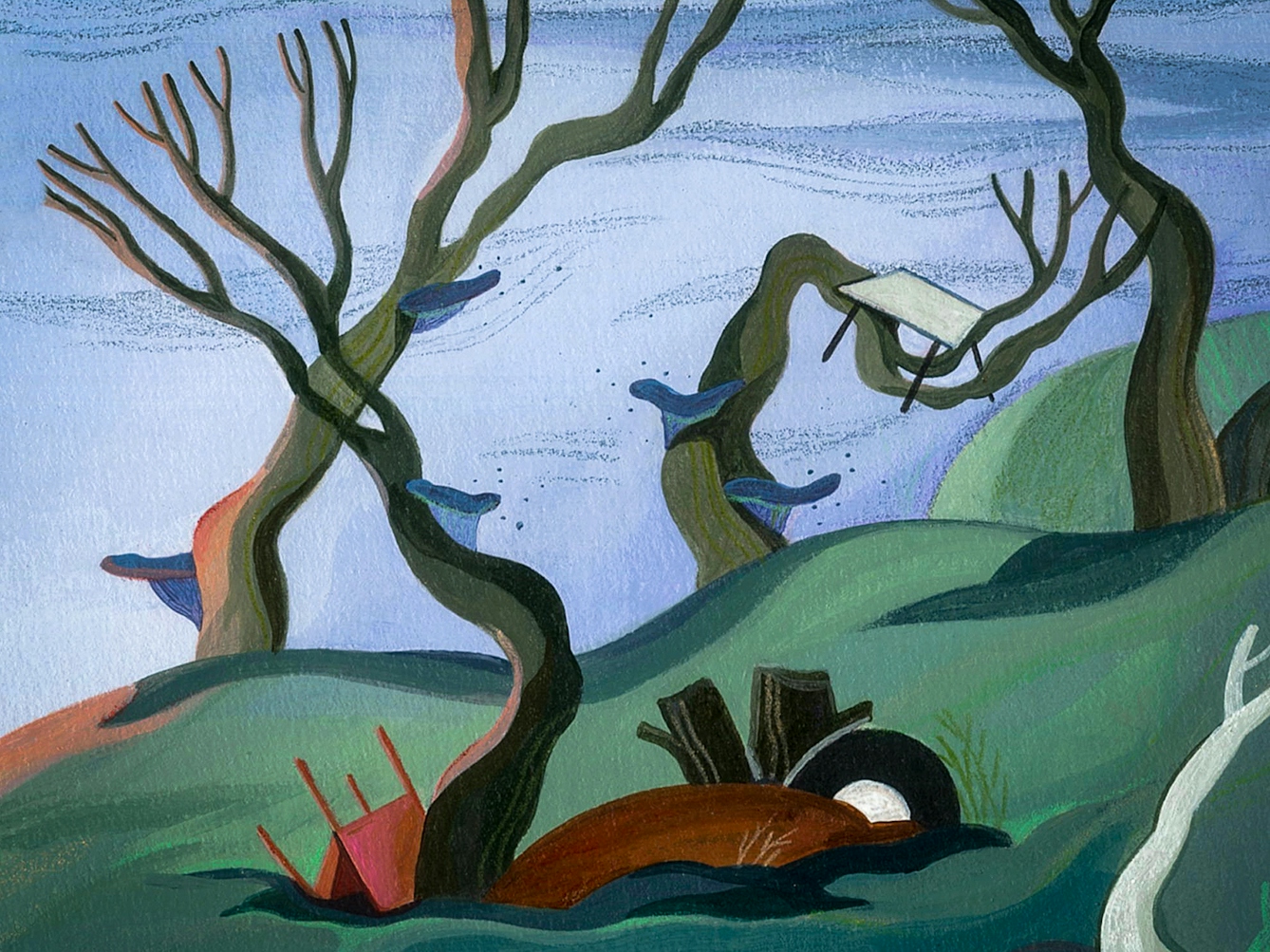 Detail from a larger painted artwork with vivid saturated colours. The scene shows landscape where the trees are leafless and have twisted trunks and branches. The land is littered with rubbish, mainly abandoned furniture, some of which is lodged in the tree branches.