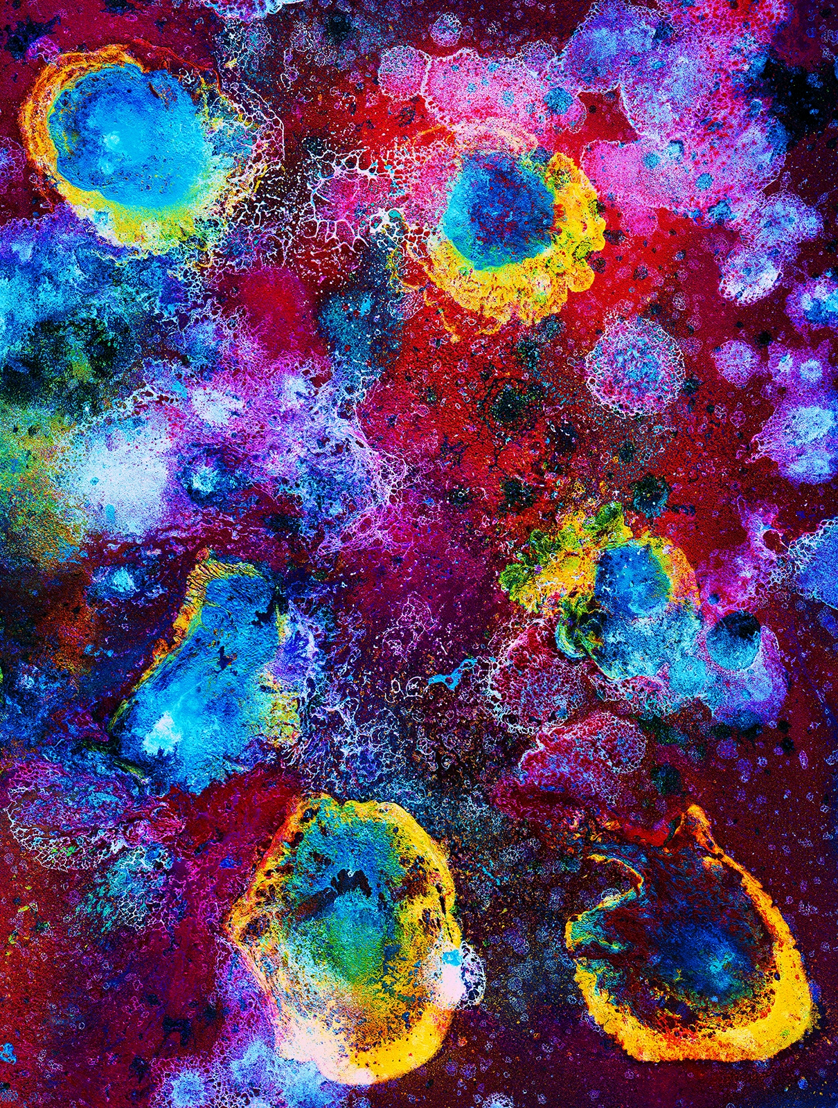 Brightly coloured abstract painting; predominantly blue, purple, pink and yellow.