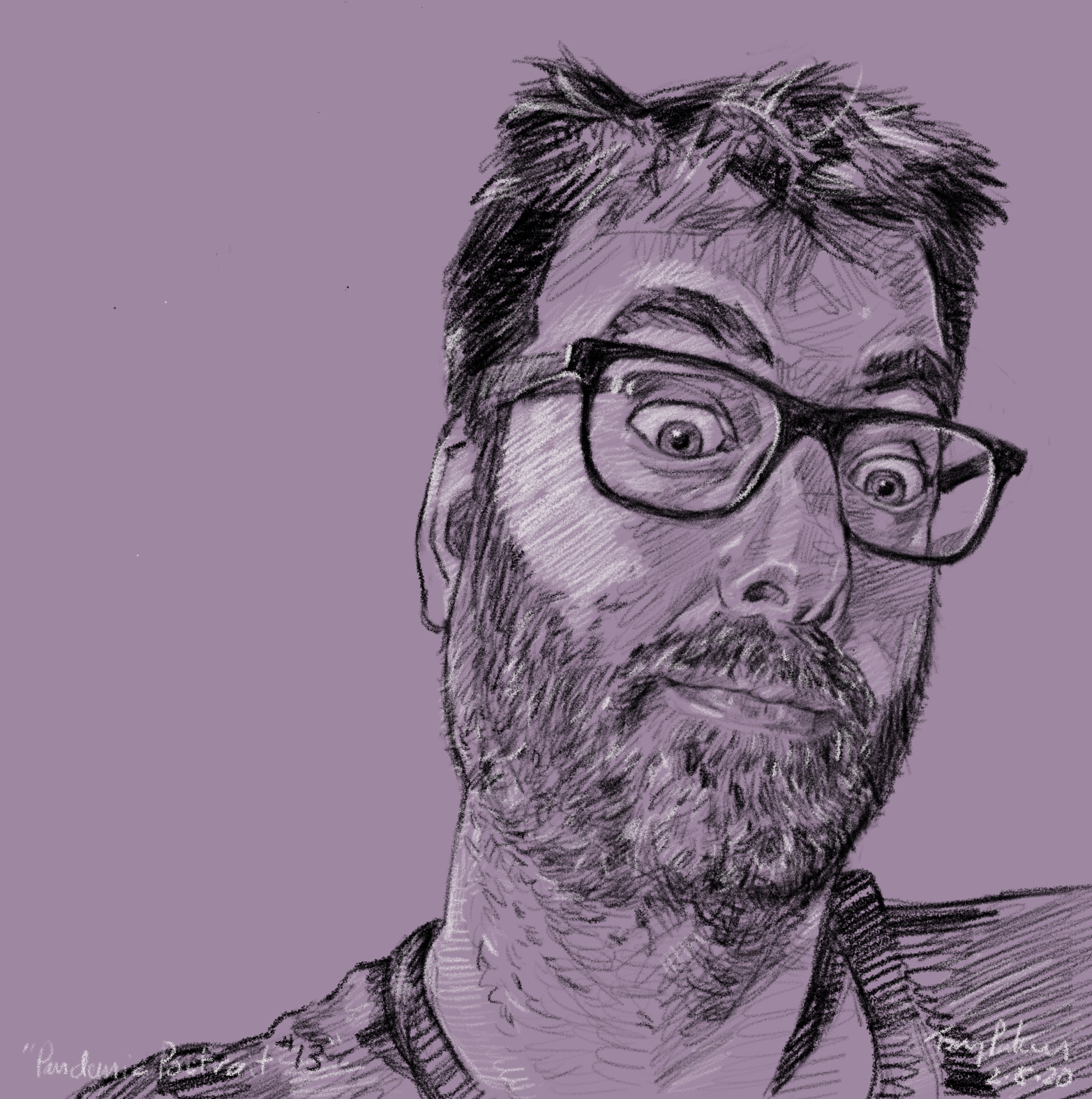 A pencil sketch of Tony Pickering against a mauve plain background